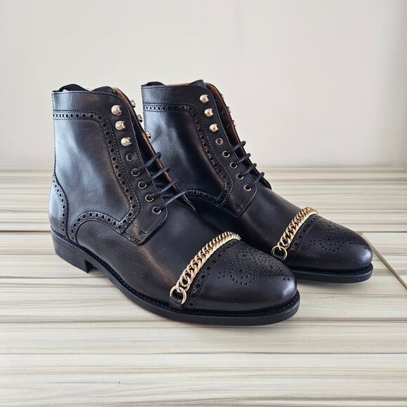 Taft Black Leather Grail Lace Up Men Gold Chain Cap Toe Boots Size 39 - Picture 1 of 8
